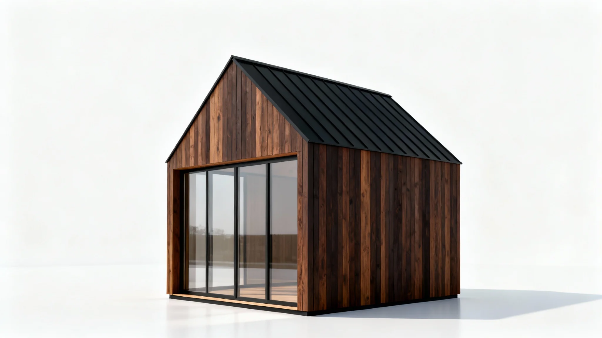 A photorealistic mockup of a modern shed with dark wood siding, a large glass wall, and a black metal roof, presented against a clean white background.