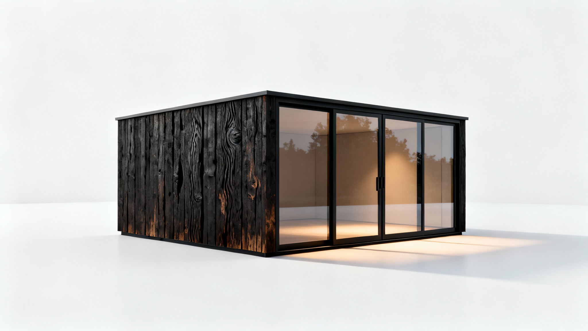 A modern, minimalist backyard shed with dark wood siding and a glass front, shown as a product mockup on a clean white background.