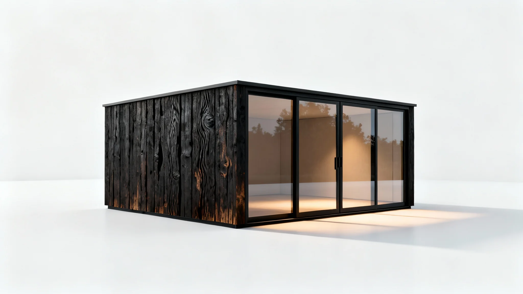 A modern, minimalist backyard shed with dark wood siding and a glass front, shown as a product mockup on a clean white background.