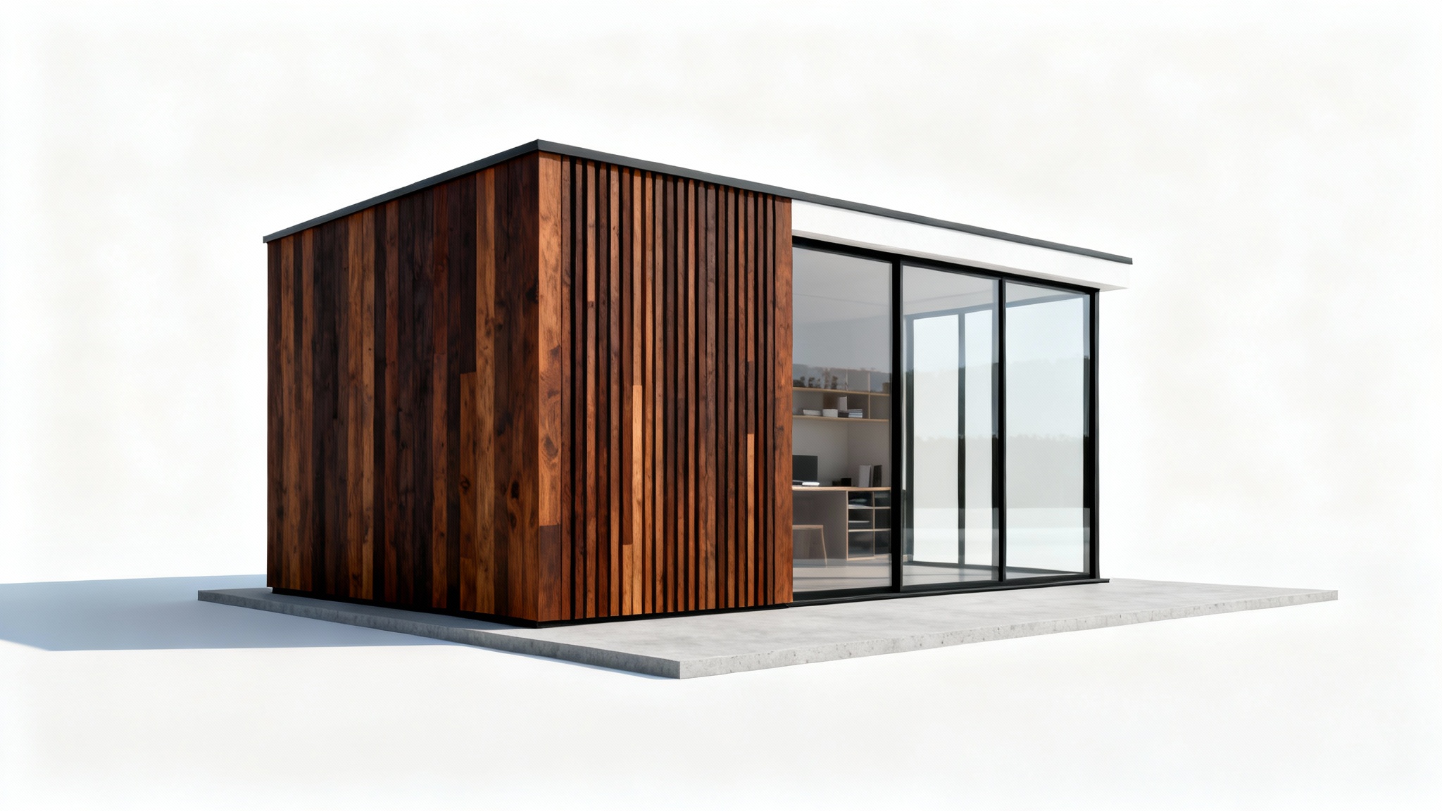 A close-up, angled shot of a modern, minimalist backyard shed with dark wood siding and large glass windows, presented against a stark white background.