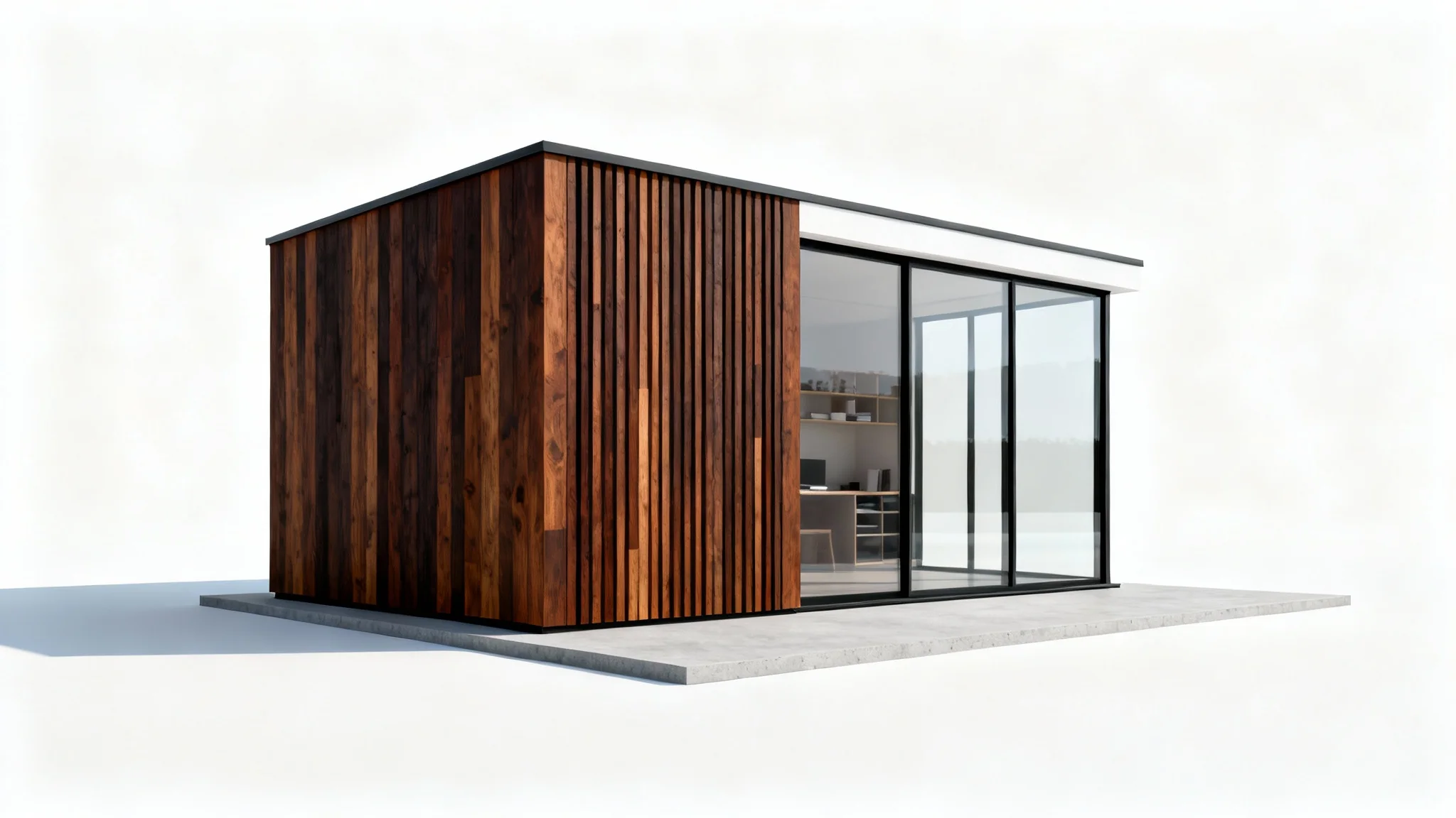 A close-up, angled shot of a modern, minimalist backyard shed with dark wood siding and large glass windows, presented against a stark white background.