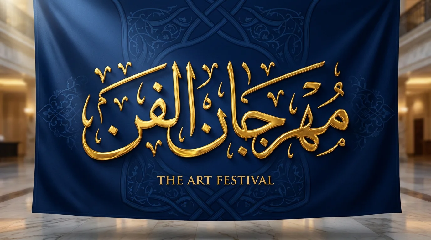 A luxurious, professionally designed 16:9 banner featuring shimmering gold Arabic calligraphy that reads 'Festival of Art' on a deep blue background with subtle geometric and floral patterns, presented as a final, polished design.