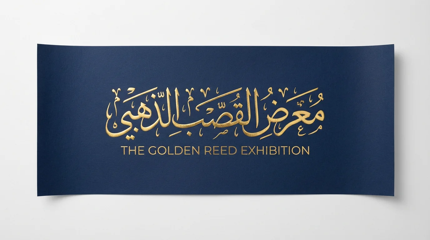 A modern mockup of a navy blue banner with elegant gold Arabic calligraphy and the text 'THE GOLDEN REED EXHIBITION', set against a white background.