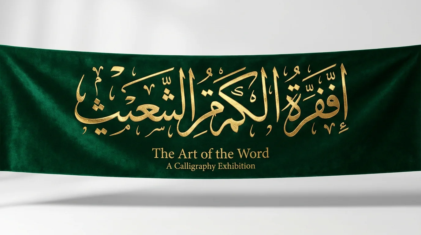 An elegant mockup of a horizontal banner for a calligraphy exhibition, featuring intricate gold Arabic calligraphy on a deep emerald green background, displayed against a clean white surface. The text 'The Art of the Word' is visible.