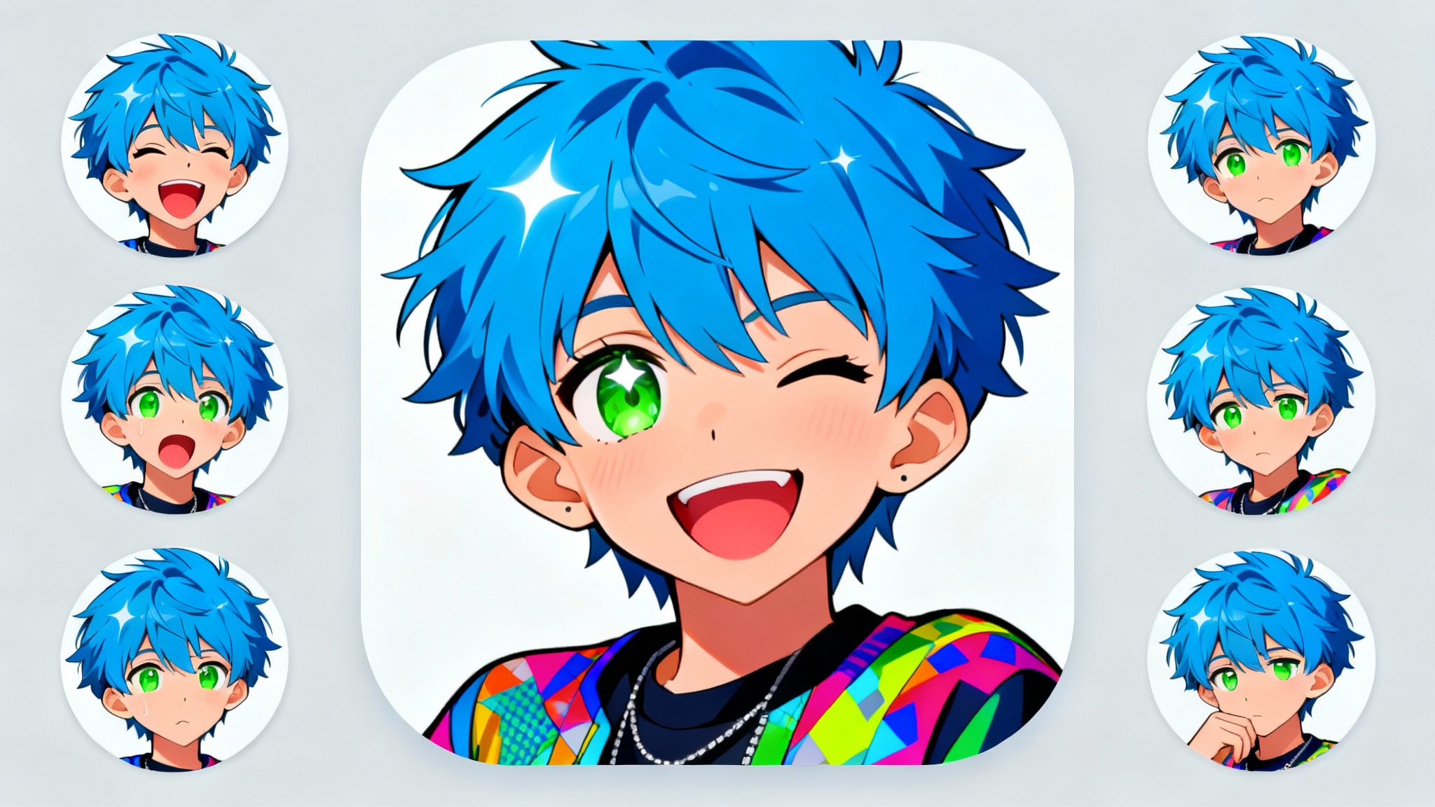 A hero image collage of high-quality anime icons, with a large central icon of a winking character with blue spiky hair, surrounded by smaller icons of the same character with different expressions.