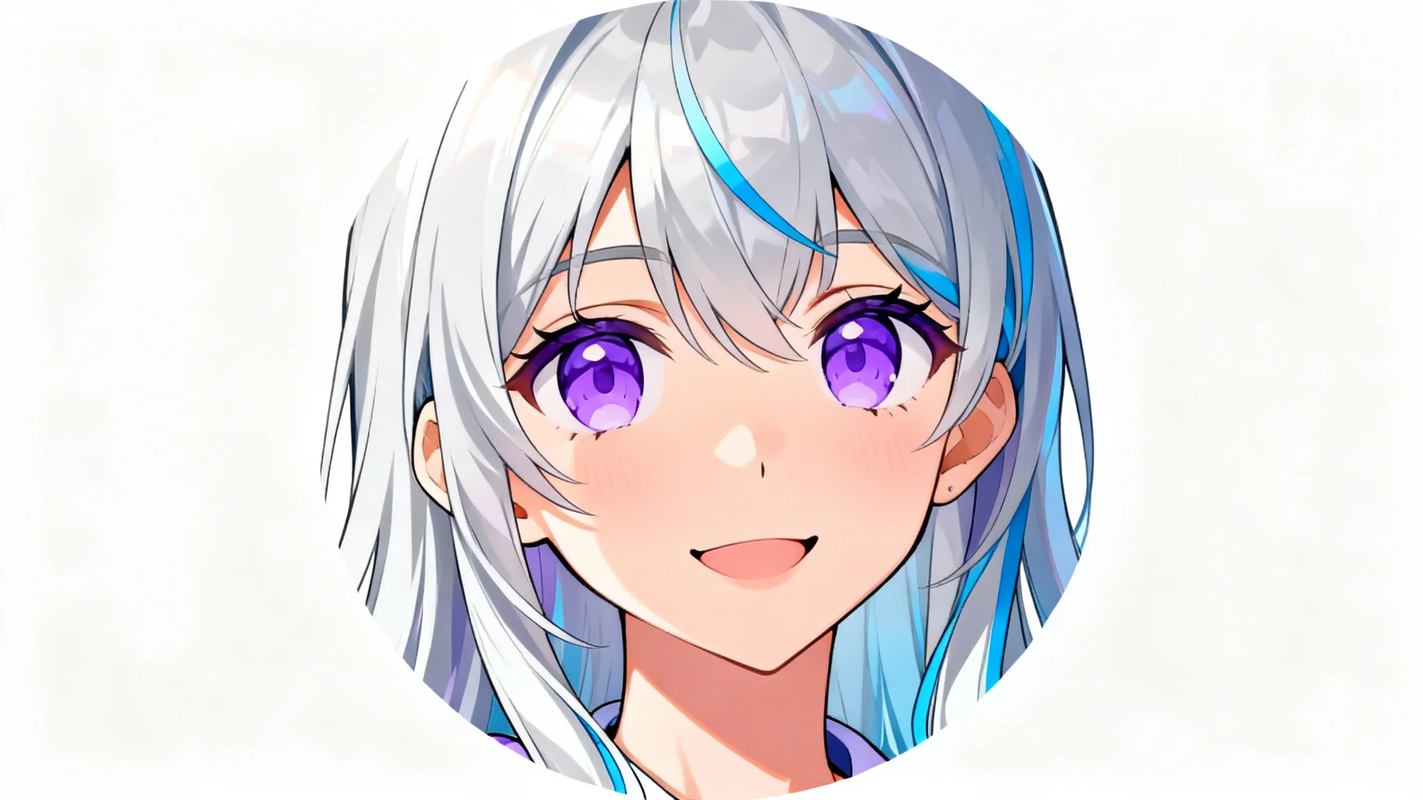 A close-up of a modern anime-style circular icon showing a smiling young woman with silver hair and lavender eyes, on a plain white background.