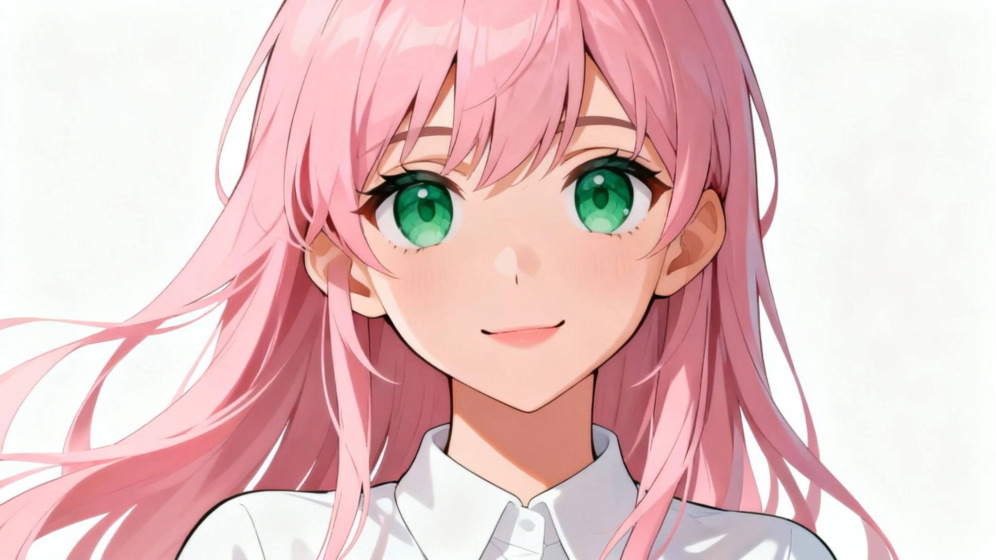 A close-up digital illustration of an anime character icon, showing a young woman with pink hair and green eyes smiling against a clean white background.