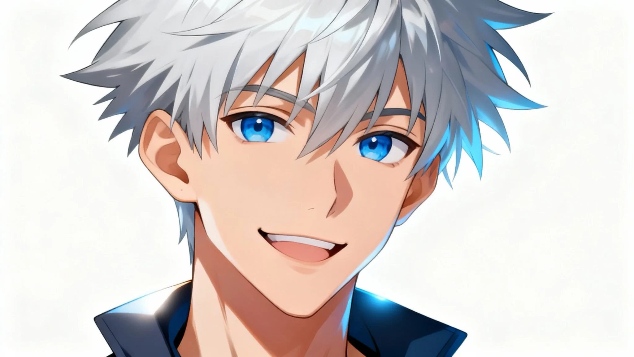 A modern anime-style icon of a young man with silver hair and blue eyes, smiling confidently against a plain white background.