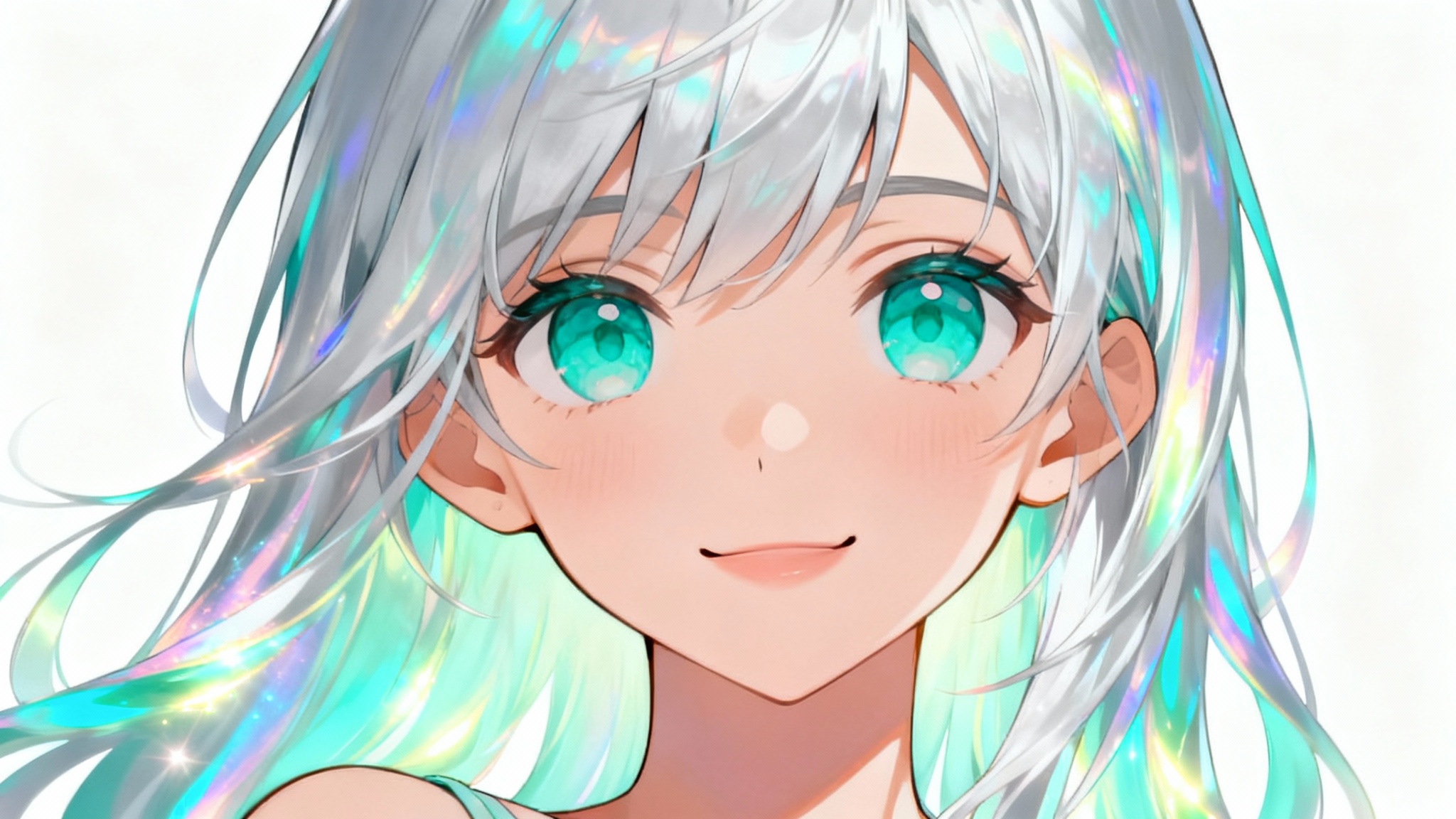A close-up digital art portrait of an anime character icon. The young woman has silver hair, large turquoise eyes, and a gentle smile, set against a plain white background.