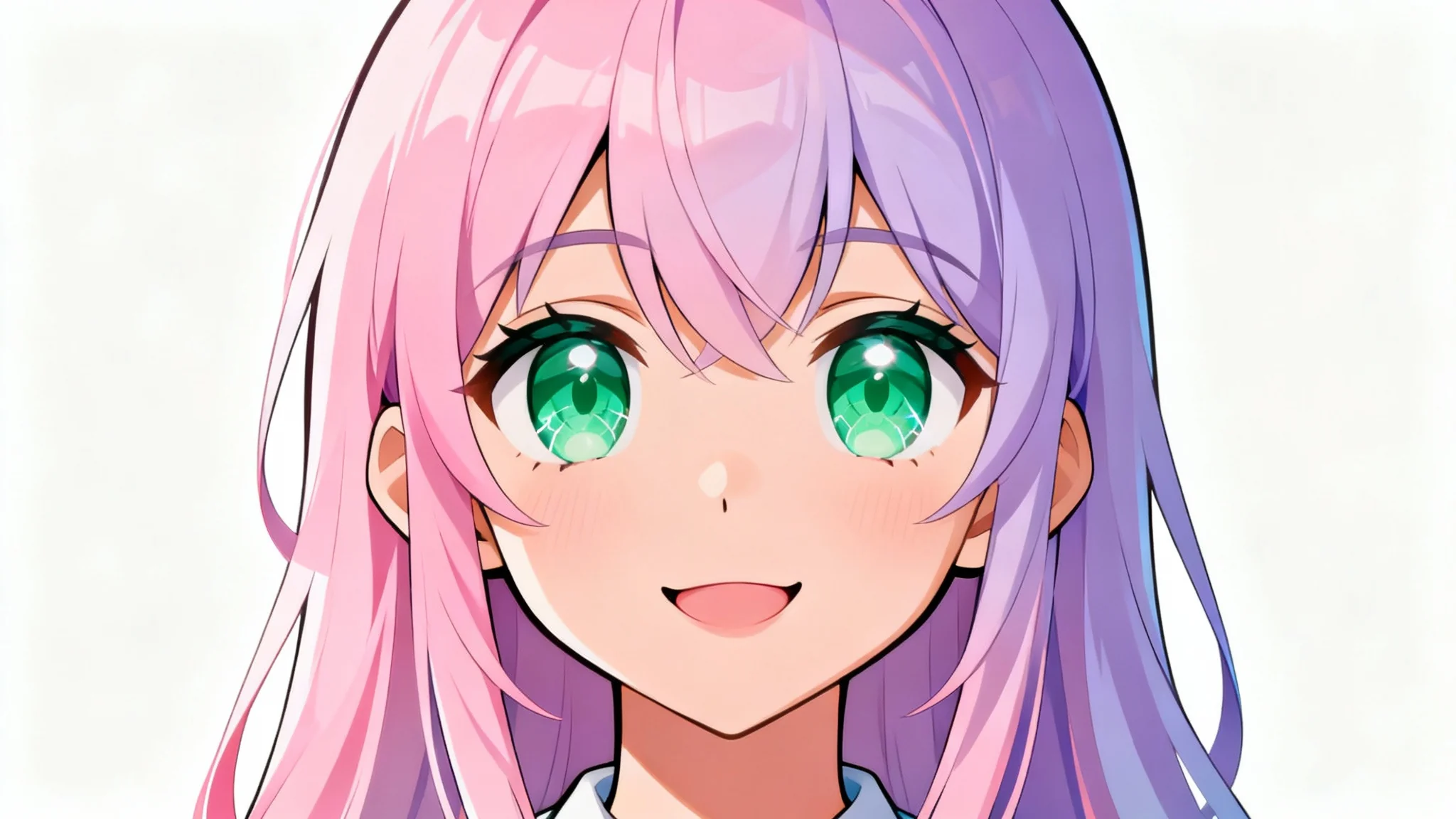 A close-up of a modern anime-style character icon showing a cheerful girl with pink and lilac hair and big green eyes, set against a solid white background.