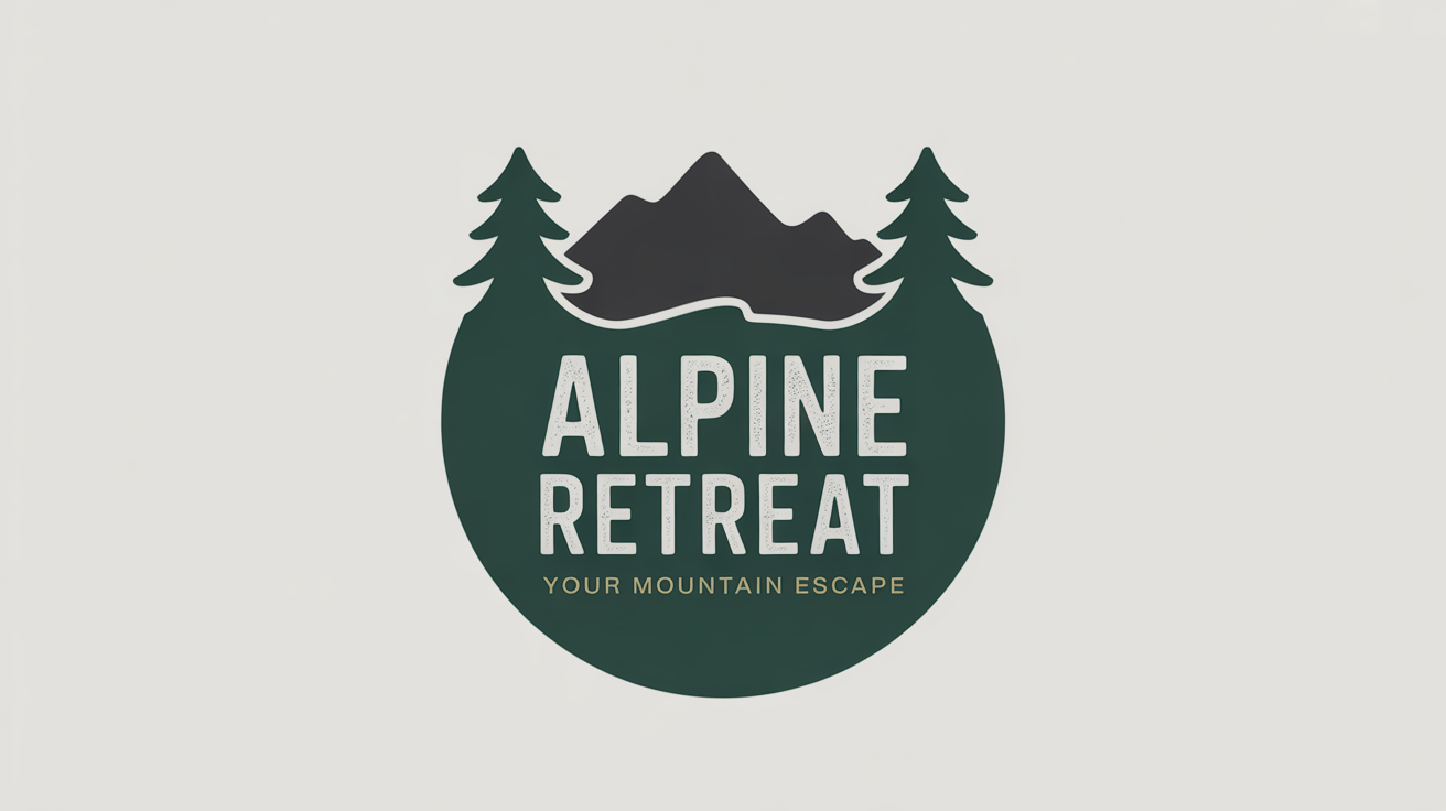 A professionally designed logo for 'Alpine Retreat' mountain lodge. The logo features a dark gray mountain silhouette, two green pine trees, and the text 'Alpine Retreat' in a bold white font and 'Your Mountain Escape' in a smaller gold font, all set against a deep green background.
