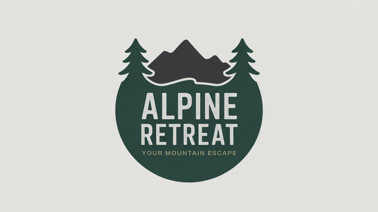 A professionally designed logo for 'Alpine Retreat' mountain lodge. The logo features a dark gray mountain silhouette, two green pine trees, and the text 'Alpine Retreat' in a bold white font and 'Your Mountain Escape' in a smaller gold font, all set against a deep green background.