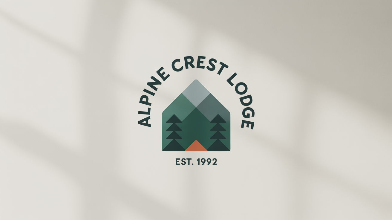 A mockup of a modern, circular logo for 'Alpine Crest Lodge', featuring a stylized mountain range and pine trees on a clean white background.