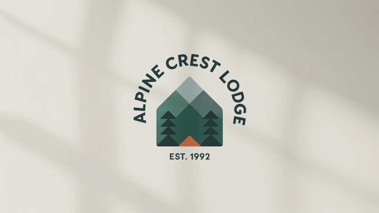 A mockup of a modern, circular logo for 'Alpine Crest Lodge', featuring a stylized mountain range and pine trees on a clean white background.