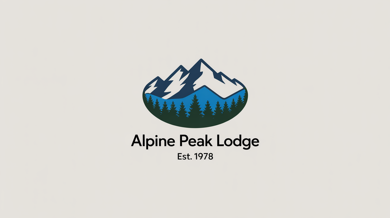 A modern logo mockup for a mountain lodge named 'Alpine Peak Lodge', featuring a stylized mountain range and pine trees in a circular design on a white background.