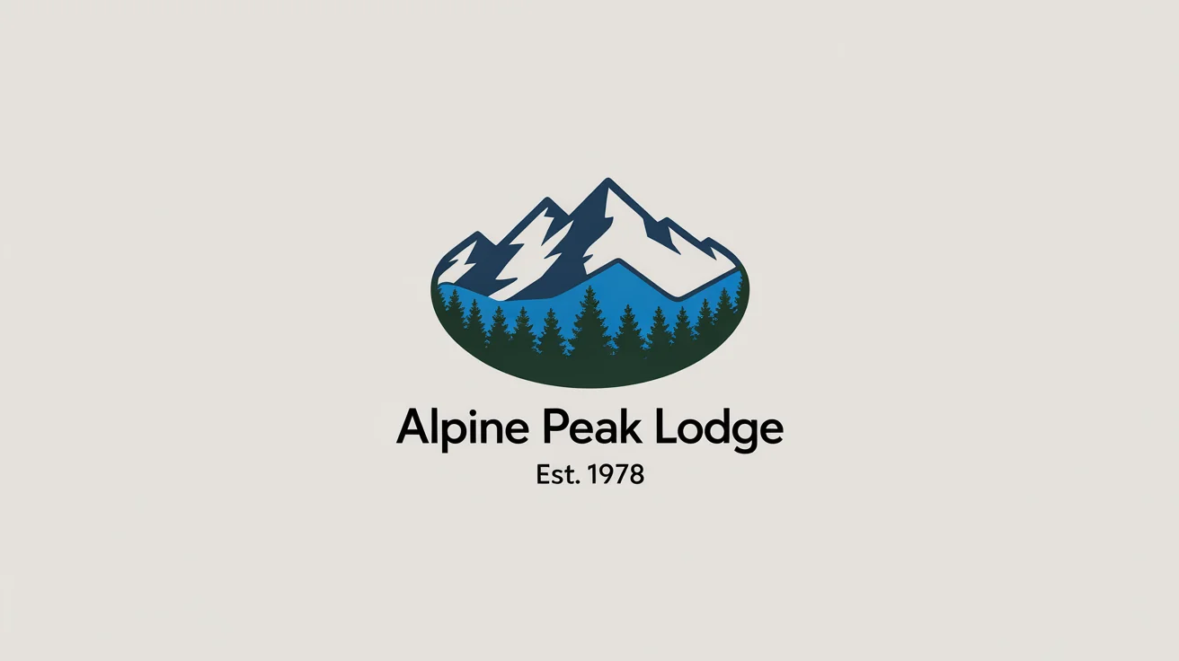 A modern logo mockup for a mountain lodge named 'Alpine Peak Lodge', featuring a stylized mountain range and pine trees in a circular design on a white background.
