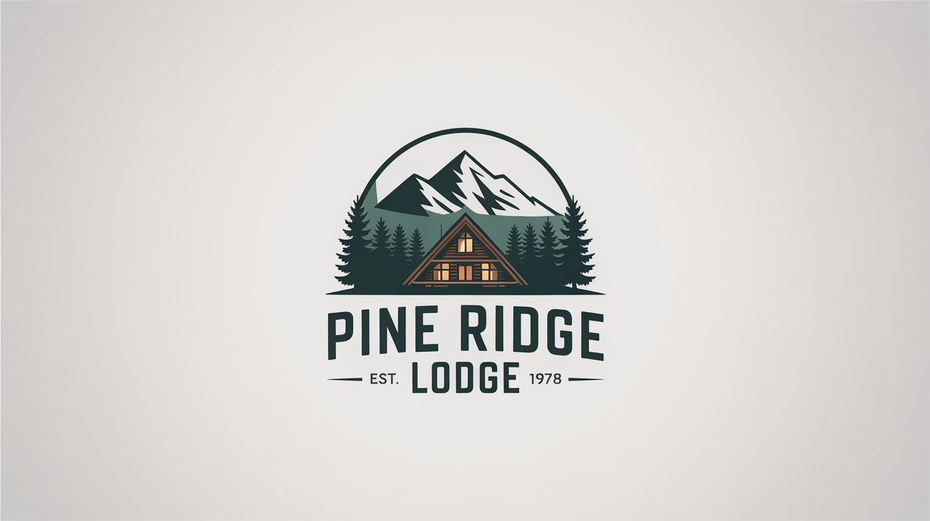 A rustic circular logo for 'Pine Ridge Lodge', featuring a mountain, a cabin, and pine trees, presented on a clean white background.