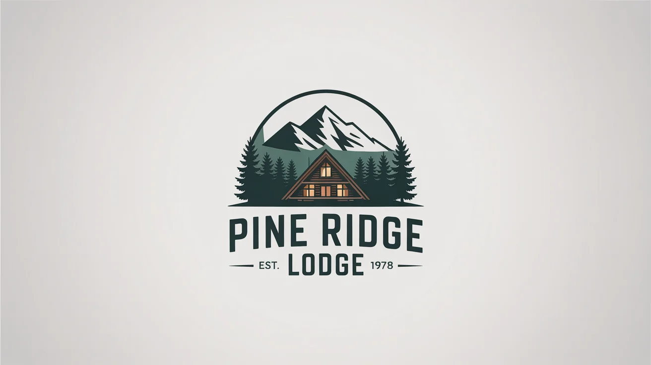 A rustic circular logo for 'Pine Ridge Lodge', featuring a mountain, a cabin, and pine trees, presented on a clean white background.