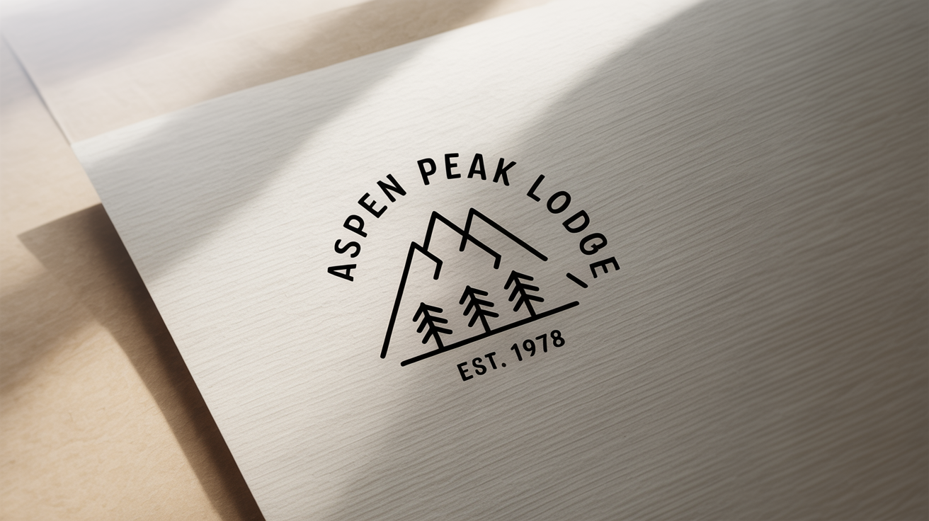 A professional mockup of a circular logo for 'Aspen Peak Lodge', featuring a minimalist mountain and pine tree design, printed on textured white paper against a clean white background.