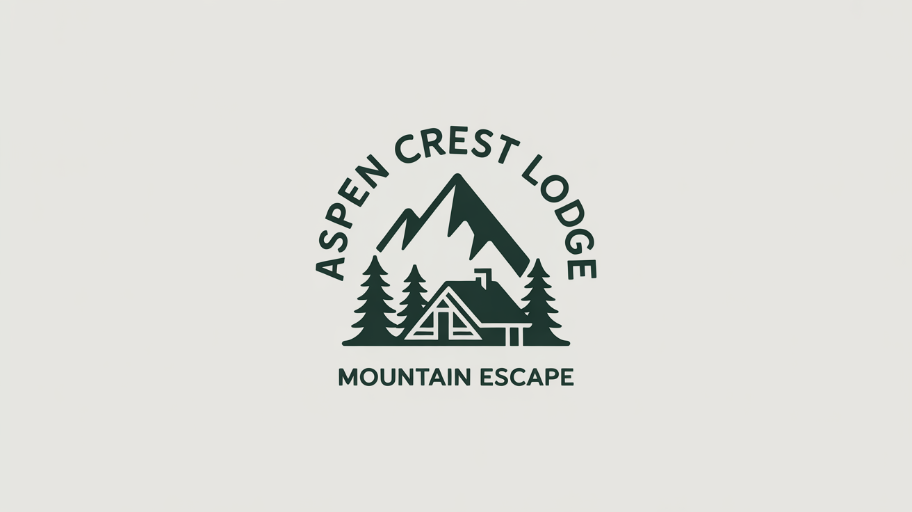 A modern, circular logo for 'Aspen Crest Lodge', featuring a green and grey mountain and cabin graphic on a clean white background.