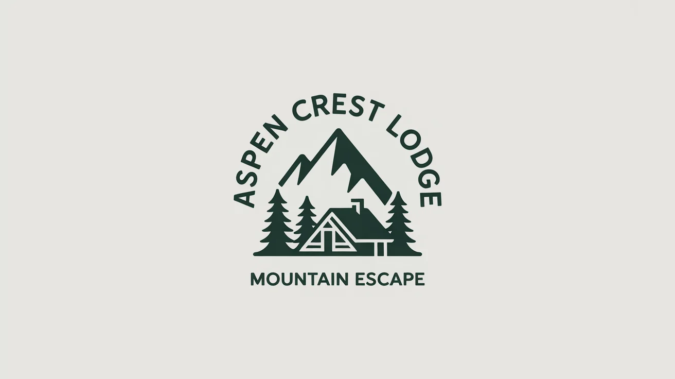 A modern, circular logo for 'Aspen Crest Lodge', featuring a green and grey mountain and cabin graphic on a clean white background.
