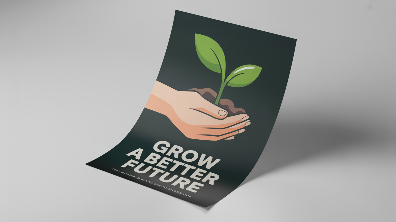 A professionally designed activist poster with a picture of a hand holding a green sprout and the text 'GROW A BETTER FUTURE', demonstrating the final output of a design tool.