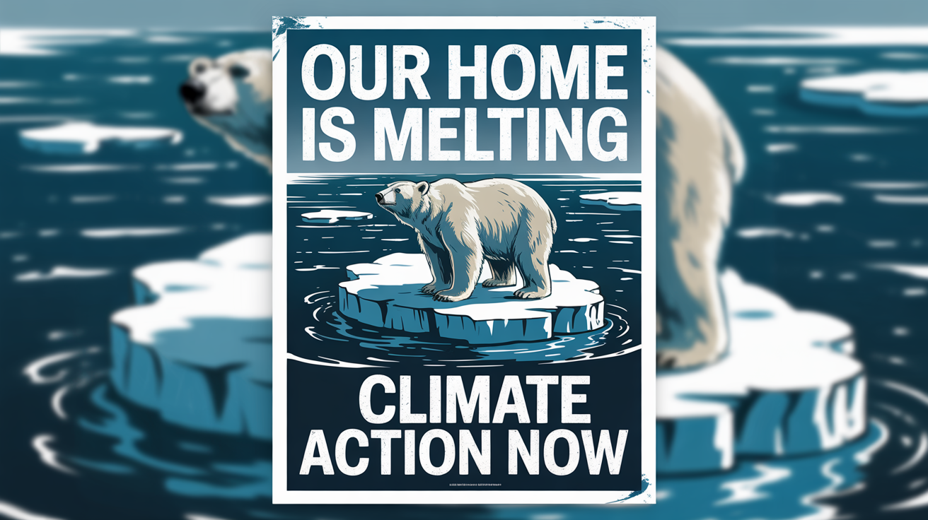 A climate change activist poster mockup featuring a stylized polar bear on a melting ice floe. The poster reads 'OUR HOME IS MELTING' and 'CLIMATE ACTION NOW'.