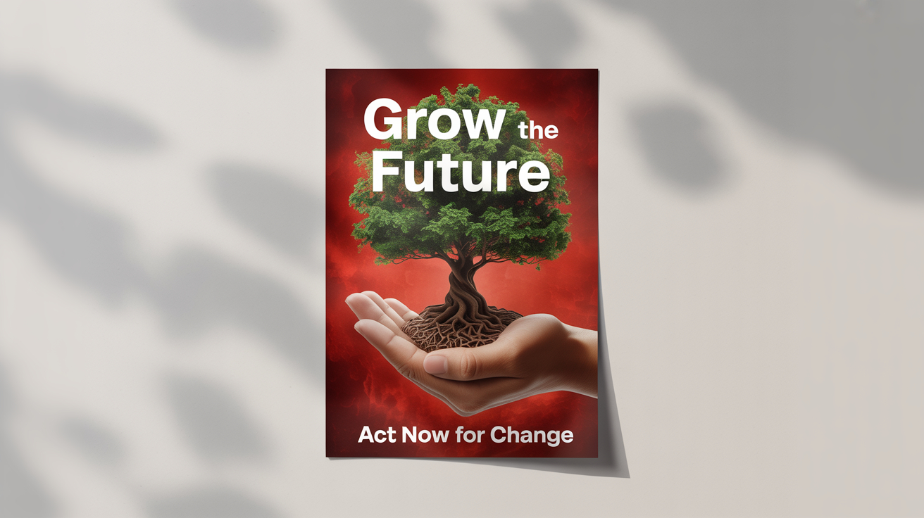 An activist poster mockup against a white background. The poster is red and features a graphic of a tree growing out of a human hand, with the text 'GROW THE FUTURE' and 'ACT NOW FOR CHANGE'.