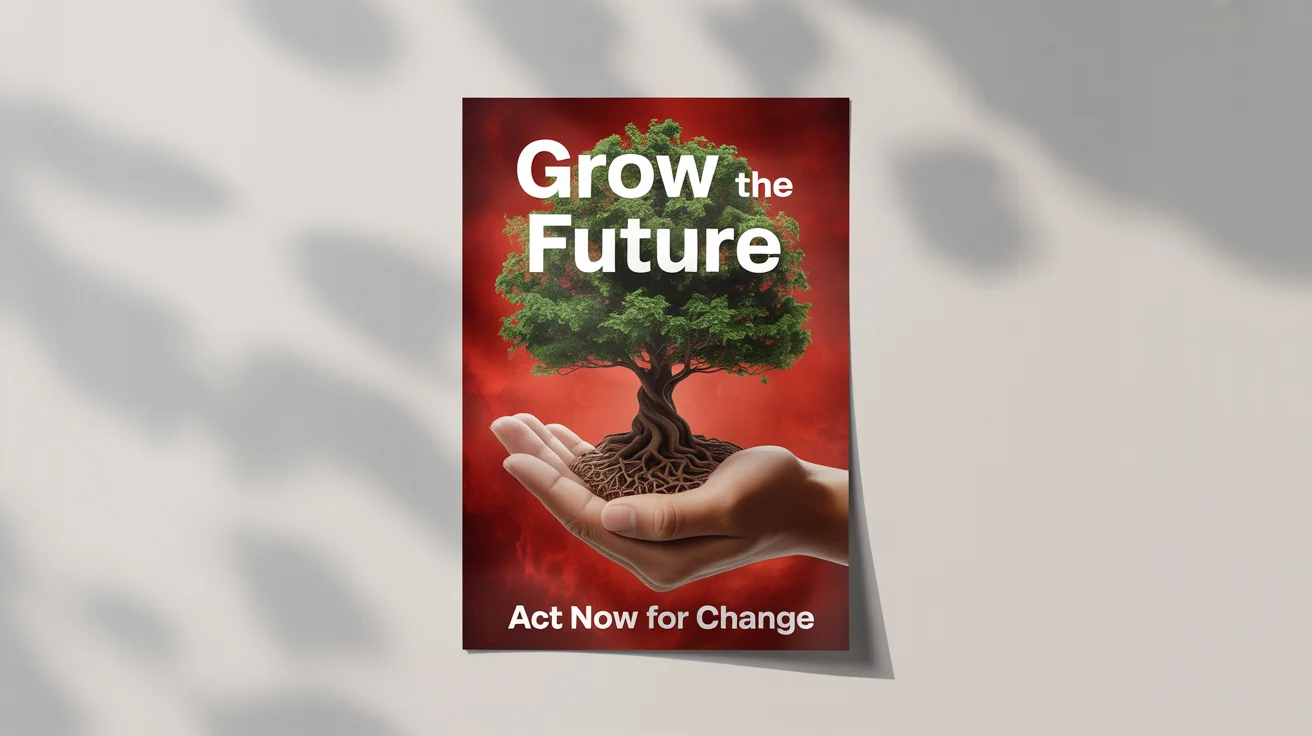 An activist poster mockup against a white background. The poster is red and features a graphic of a tree growing out of a human hand, with the text 'GROW THE FUTURE' and 'ACT NOW FOR CHANGE'.