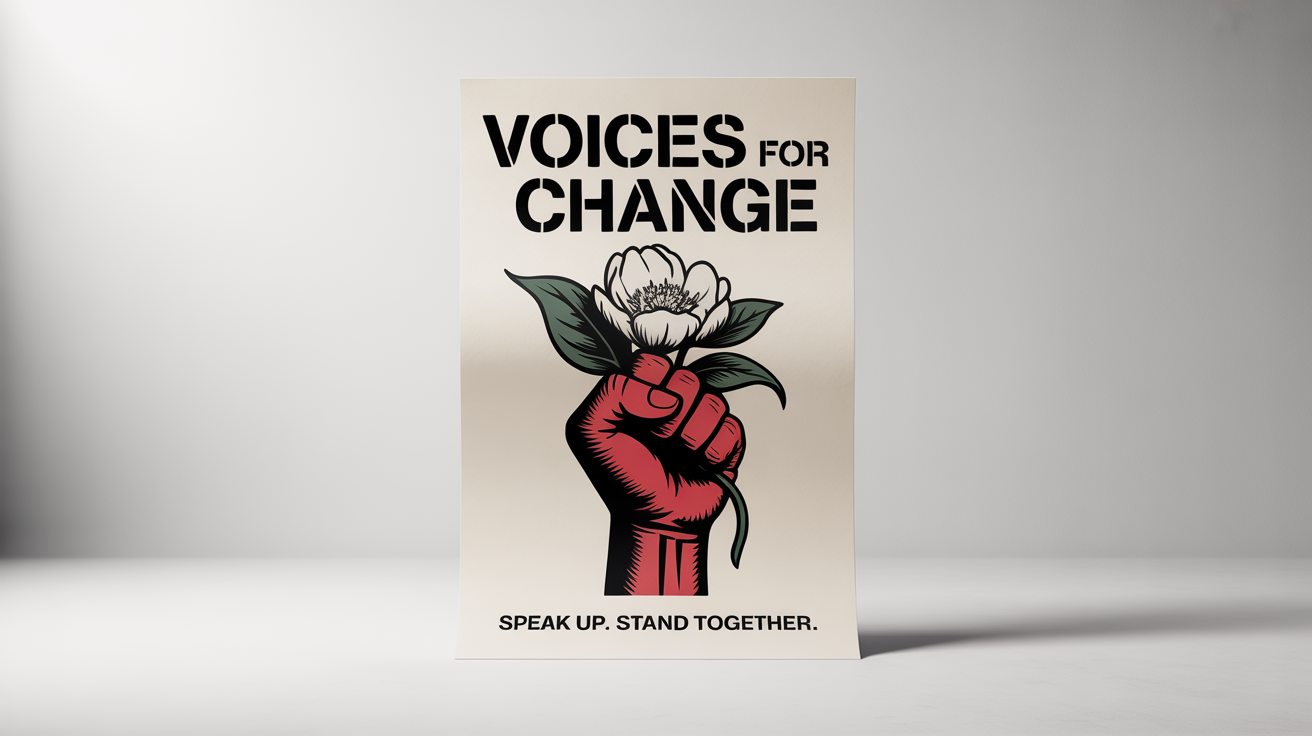 A mockup of a bold activist poster on a white background. The poster features a red, black, and white illustration of a fist holding a flower. Text on the poster reads 'VOICES FOR CHANGE' and 'SPEAK UP. STAND TOGETHER.'