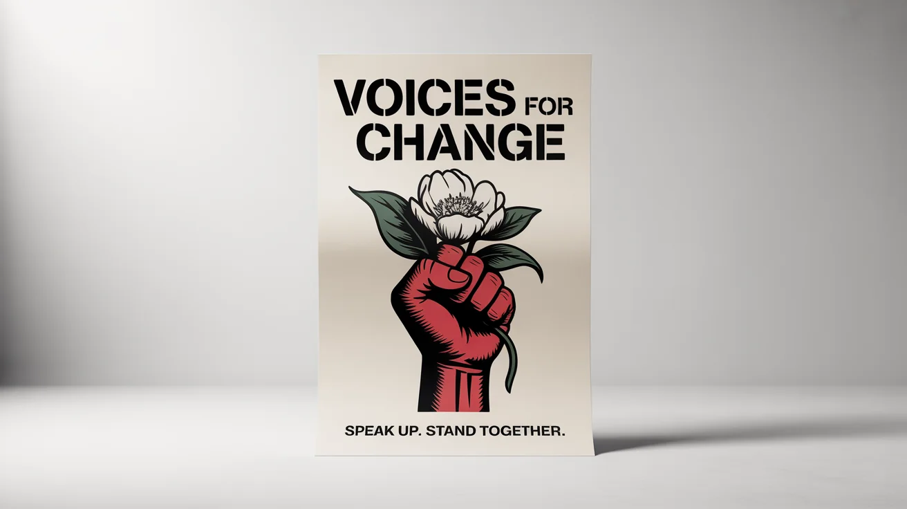A mockup of a bold activist poster on a white background. The poster features a red, black, and white illustration of a fist holding a flower. Text on the poster reads 'VOICES FOR CHANGE' and 'SPEAK UP. STAND TOGETHER.'