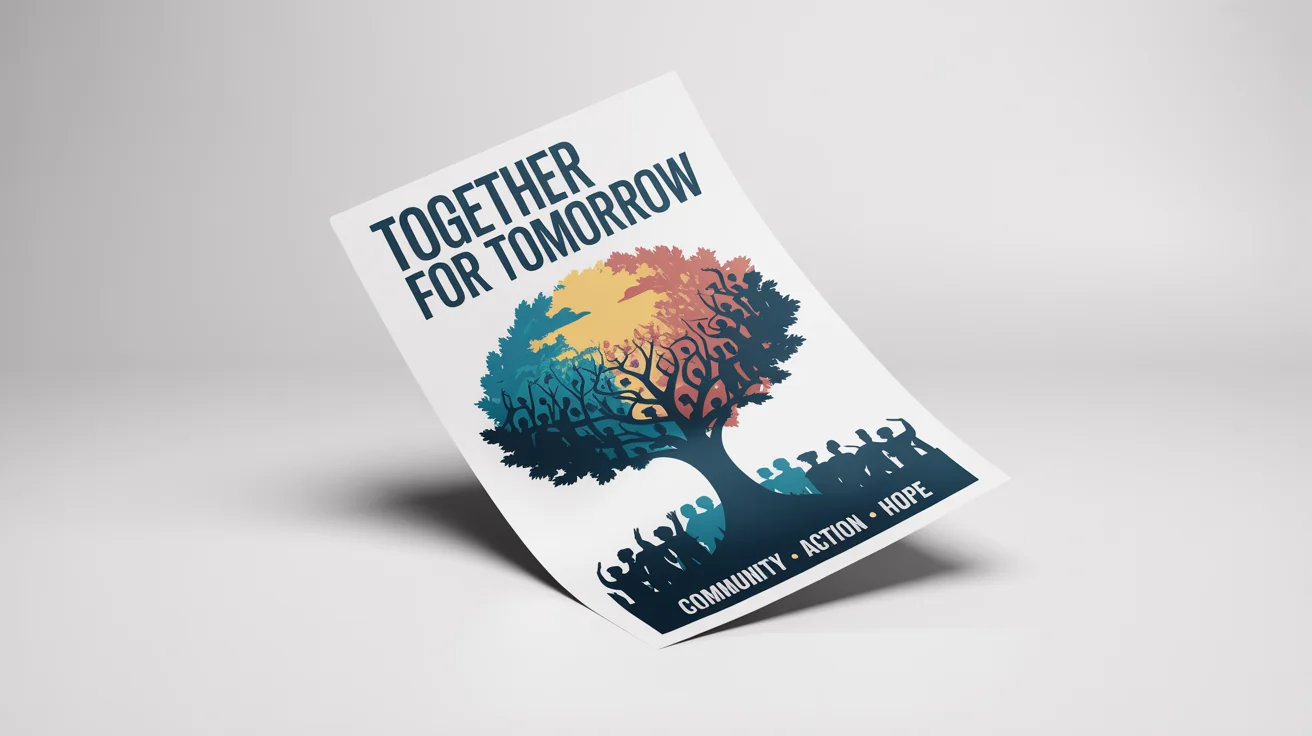 A mockup of a modern activist poster on a white background. The poster features silhouettes of people whose shadows form a tree, with the text 'TOGETHER FOR TOMORROW' and 'Community • Action • Hope'.