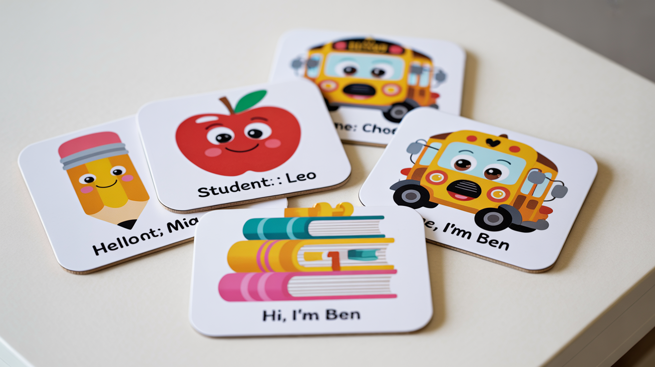 A top-down view of four colorful, professionally designed back-to-school name tags arranged on a white background, each with a cute illustration like a pencil or apple and a child's name.