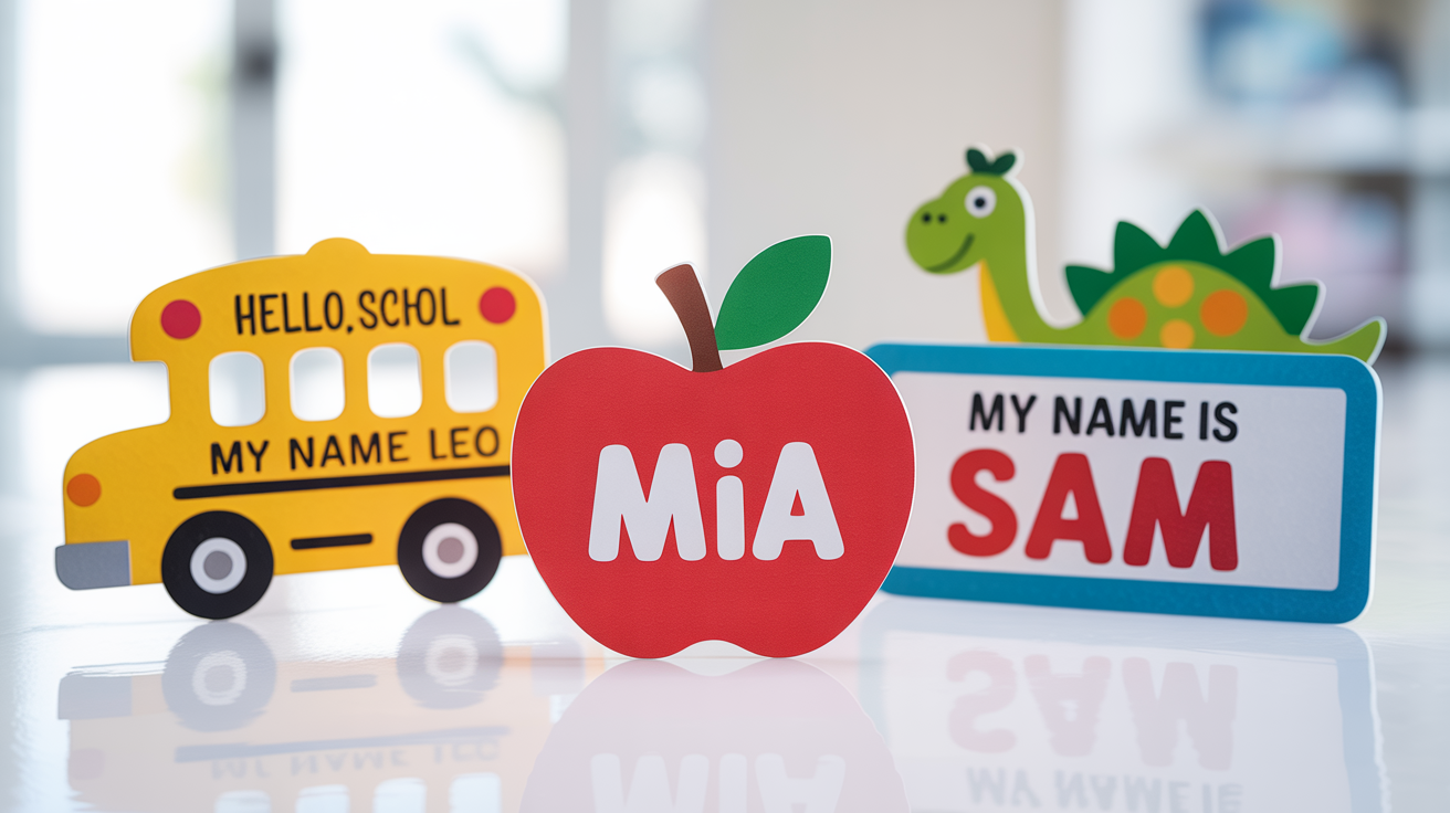 A collection of colorful back-to-school name tags in fun shapes like a school bus and an apple, featuring children's names like Leo, Mia, and Sam, displayed on a clean white background.