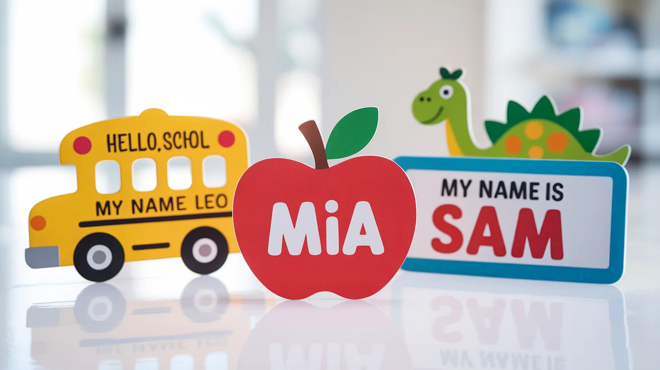A collection of colorful back-to-school name tags in fun shapes like a school bus and an apple, featuring children's names like Leo, Mia, and Sam, displayed on a clean white background.