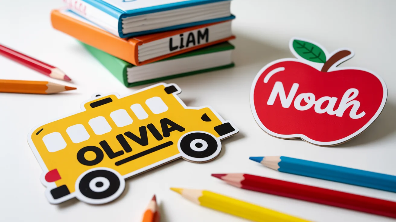 A collection of four colorful and uniquely shaped back-to-school name tags with fictional names like 'Olivia' and 'Noah', displayed on a clean white background with colored pencils.