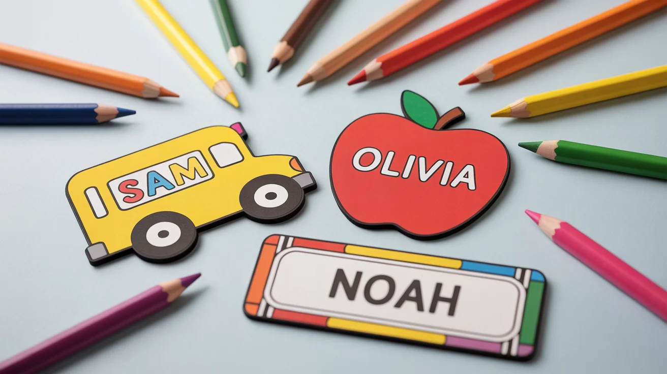 A top-down view of several colorful back-to-school name tags with fictional names like 'Olivia' and 'Noah' on them, arranged on a white background with colored pencils and crayons.