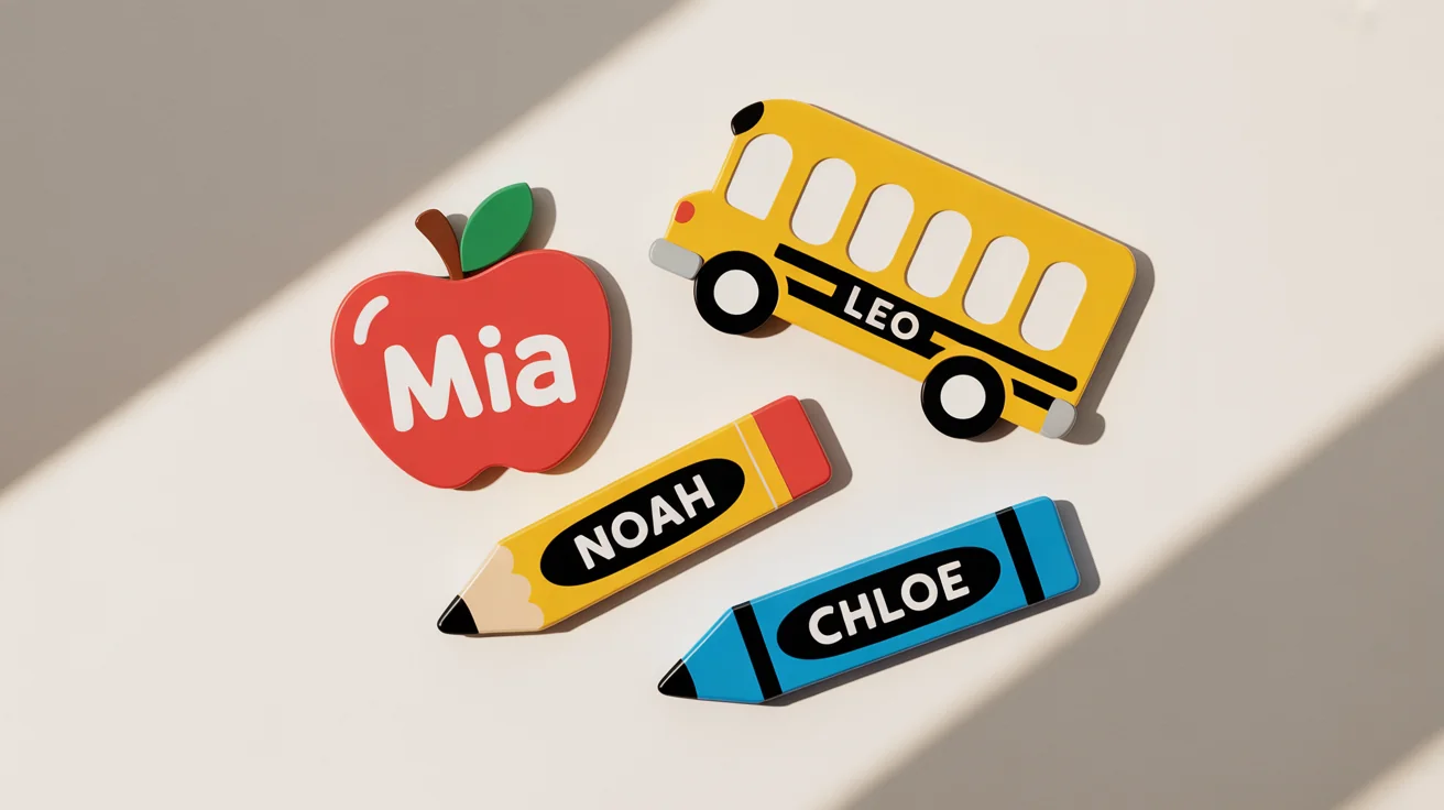 A colorful mockup of four children's back-to-school name tags on a white background, featuring designs like a red apple for 'Mia' and a yellow school bus for 'Leo'.