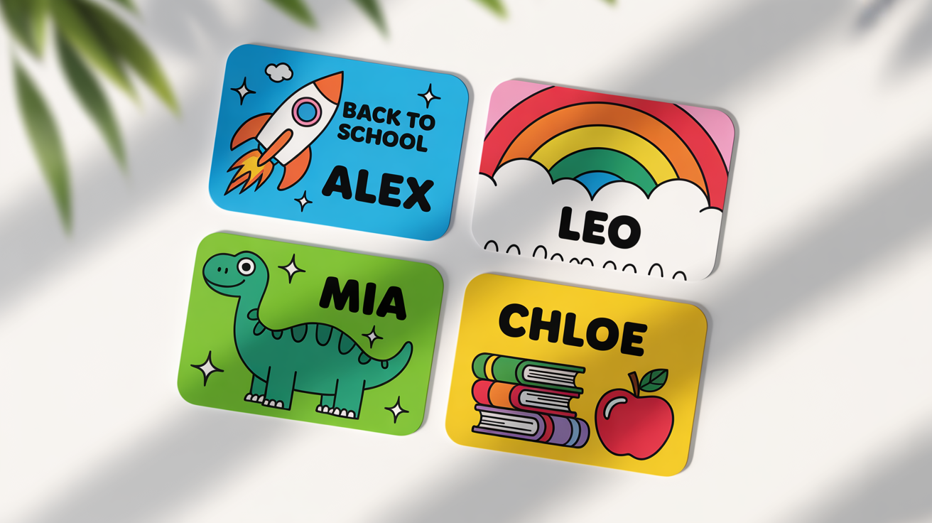 A collection of four colorful and illustrated back to school name tags on a white background, with the names Alex, Mia, Leo, and Chloe.