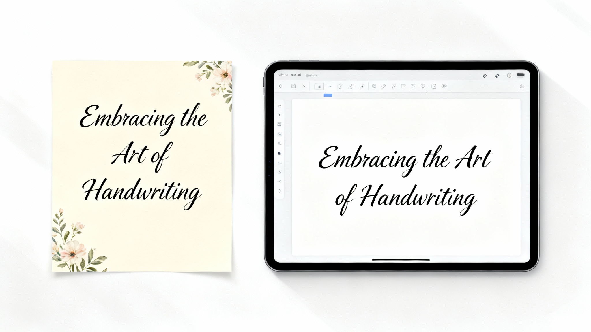 A side-by-side comparison showing a handwritten letter on the left and a tablet on the right displaying the same text perfectly transcribed, illustrating a handwriting-to-text feature.