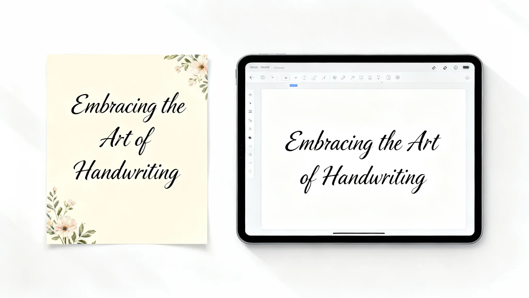 A side-by-side comparison showing a handwritten letter on the left and a tablet on the right displaying the same text perfectly transcribed, illustrating a handwriting-to-text feature.