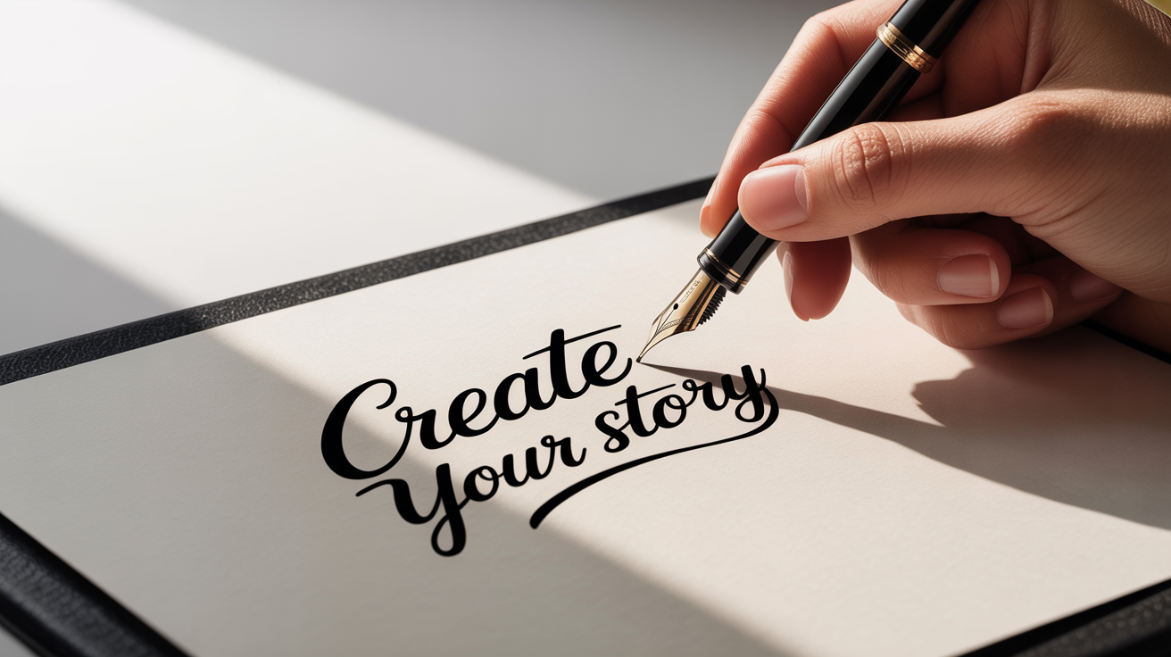 A close-up photograph of a hand writing 'Create Your Story' in elegant cursive with a fountain pen on white paper.