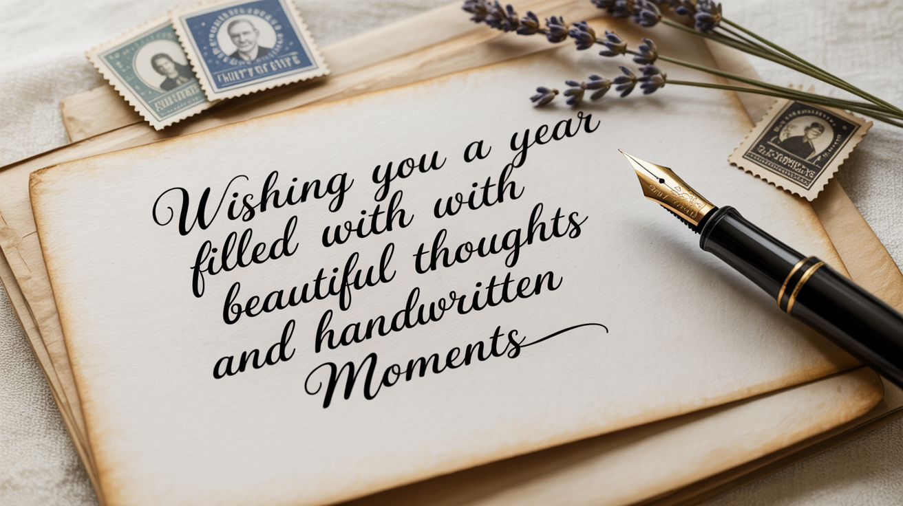 A photorealistic mockup of a handwritten note on cream paper that reads 'The gentle art of putting thoughts to paper', with a fountain pen resting beside it on a white background.