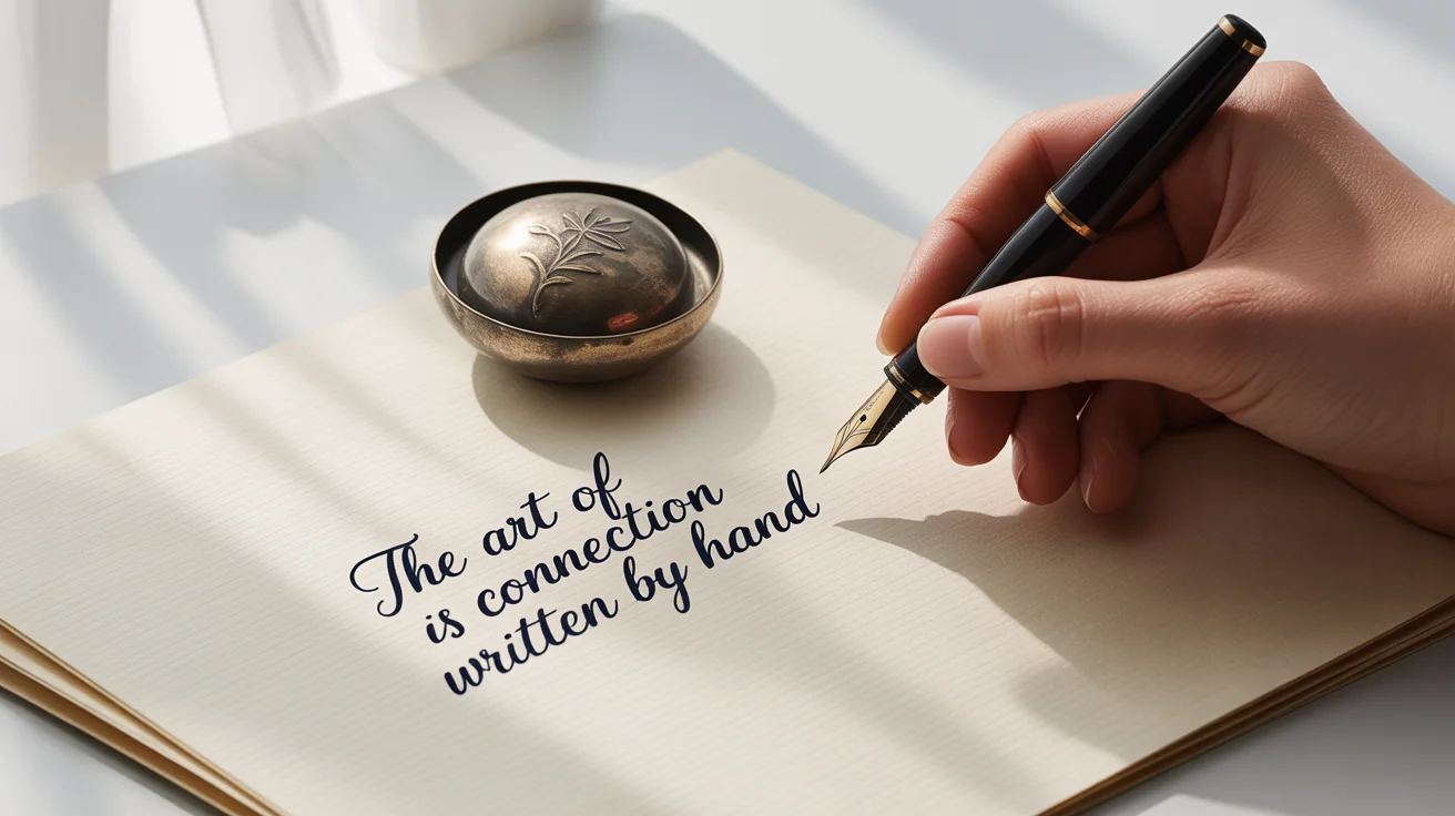 A close-up shot of a hand writing an elegant cursive script on cream paper with a classic fountain pen, on a clean white background.