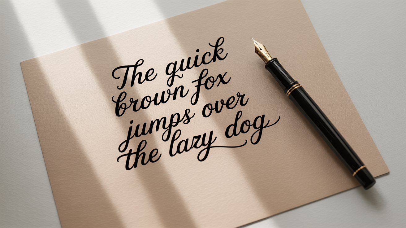 A piece of cream paper with elegant cursive handwriting on it, placed next to a classic fountain pen on a clean white background, showcasing beautiful script.
