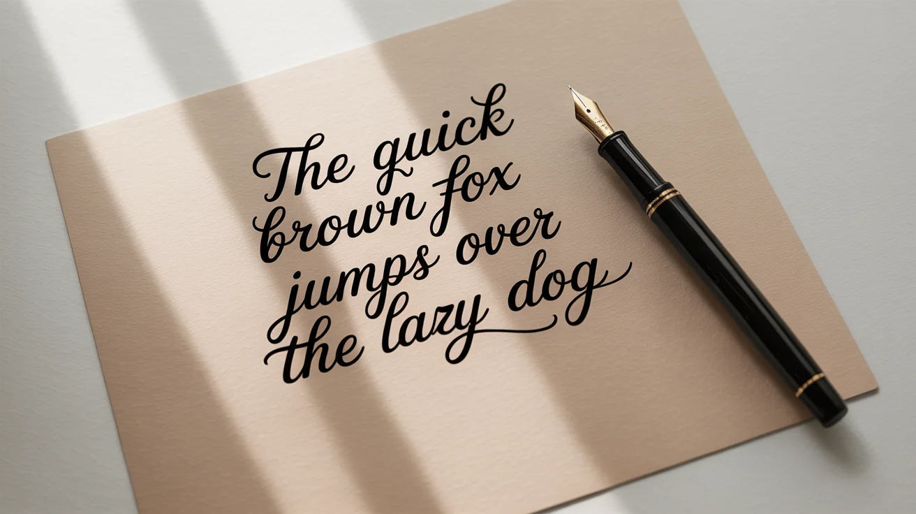A piece of cream paper with elegant cursive handwriting on it, placed next to a classic fountain pen on a clean white background, showcasing beautiful script.
