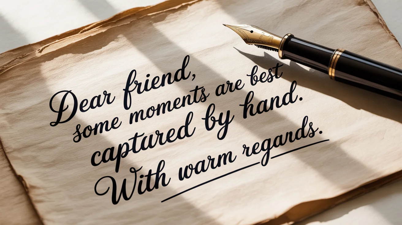 An elegant, handwritten letter in cursive script on textured paper, with a fountain pen resting beside it on a clean white background.