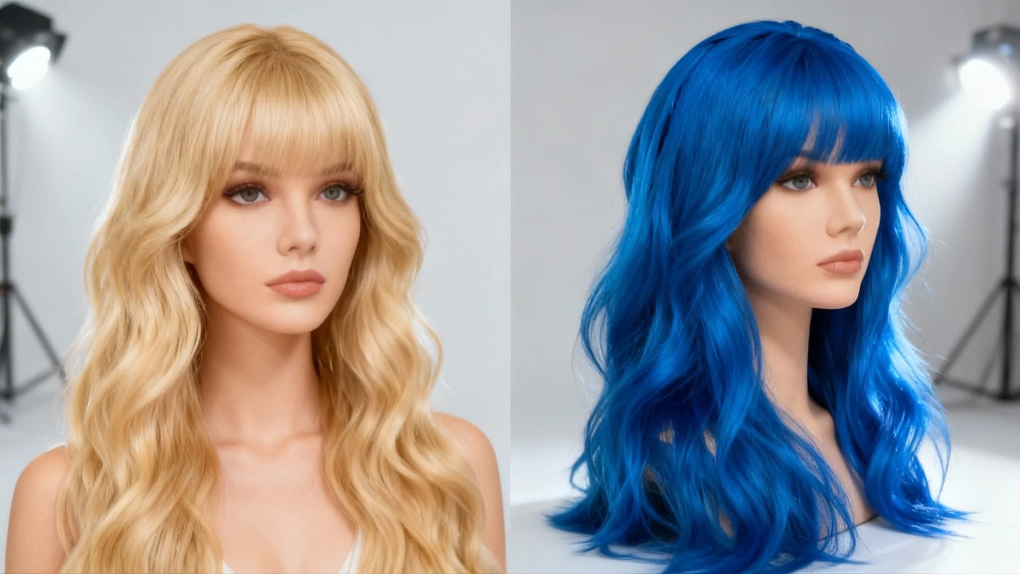 A side-by-side comparison image showing a tool that changes wig color. On the left, a woman wears a blonde wig. On the right, the same woman wears the same wig, which has been changed to a vibrant blue color.