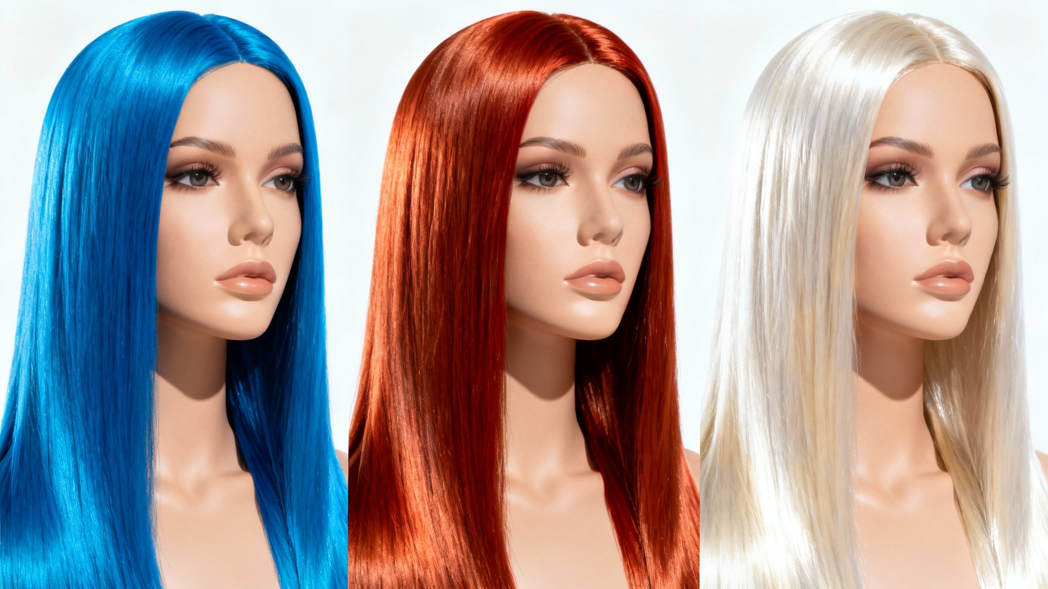 A triptych showing a mannequin head wearing the same long, straight wig in three different colors, electric blue, copper red, and platinum blonde against a white background to demonstrate a color change feature.