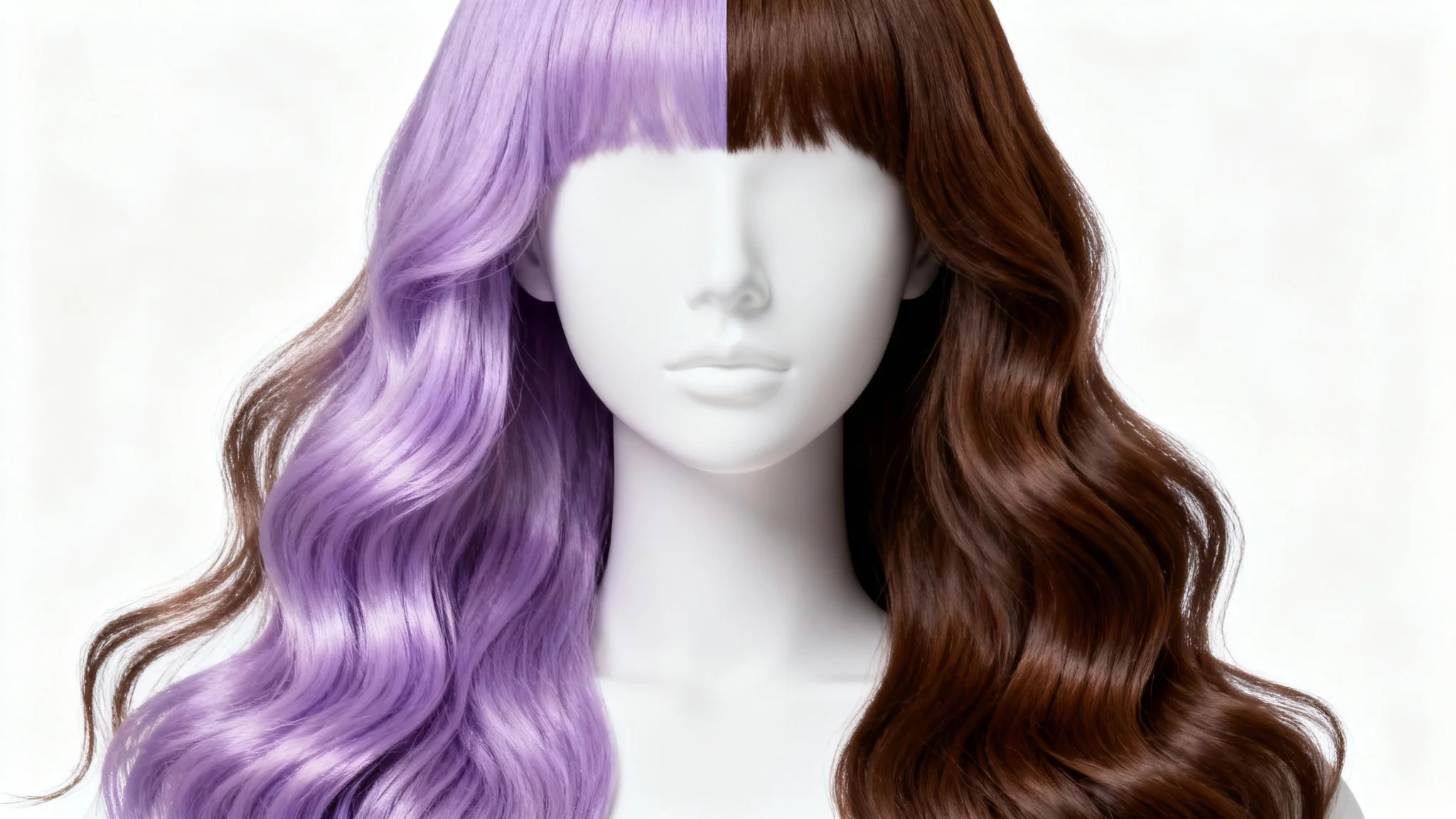A photorealistic image of a long, wavy wig on a mannequin head, showcased against a plain white background. The wig is split-dyed, with one side being a natural brown and the other a vibrant pastel lavender, illustrating a color change.